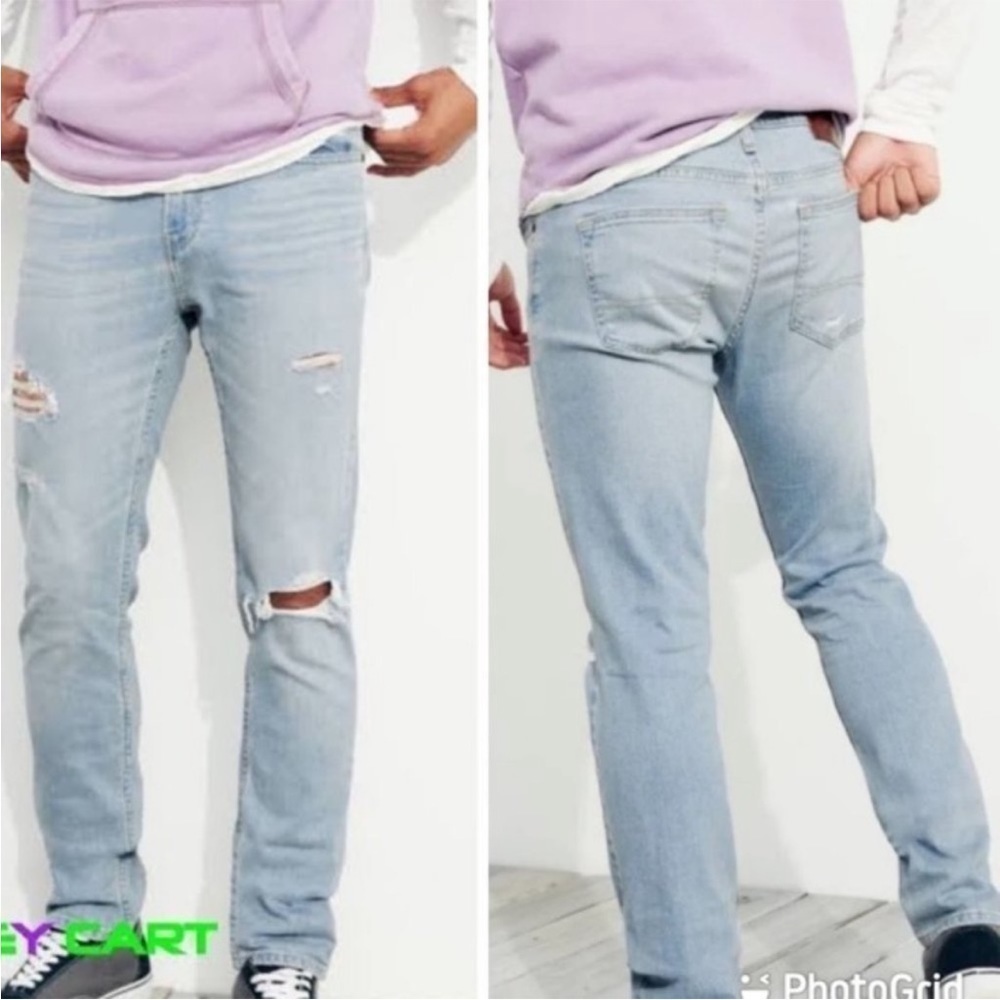 Sz32/34 Men’s Hollister Skinny Fit Epic Flex Light Wash Distressed Denim VGUC